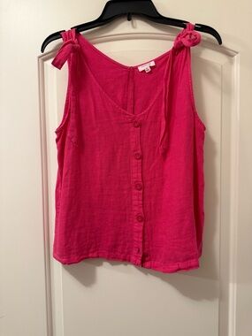 Pink Button Down Tie-Shoulder Linen Tank Top